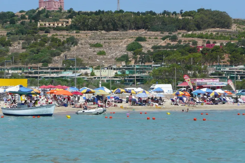 Mellieħa Bay, Malta's largest sandy beach, with the Red Tower on the ridge above