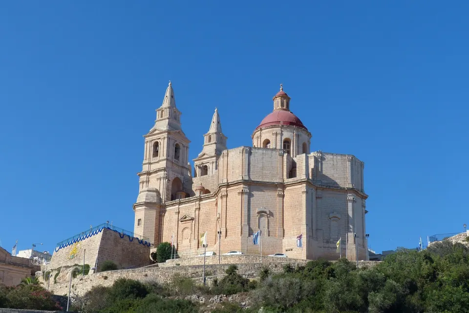 Mellieħa parish church on the ridge above the bay road in the north of Malta